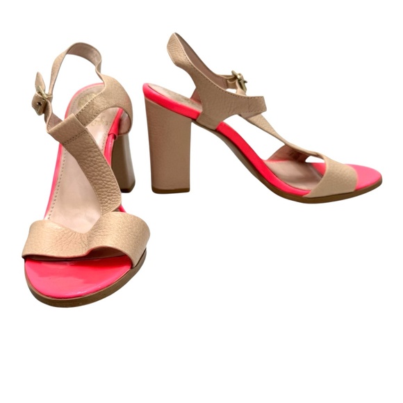 VINCE CAMUTO BEIGE & HOT PINK NOVASI BLOCK HEEL T STRAP SANDAL - Picture 15 of 16